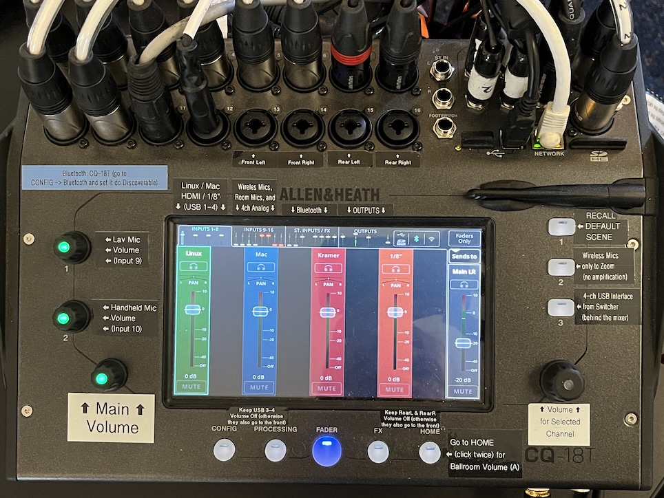 Photograph of the Allen&Heath CQ-18GT audio mixer with the screen set to FADER (the largest circular button below the screen, lit up) and the leftmost tab “INPUTS 1-8” (shown as selected in the upper left of the screen).