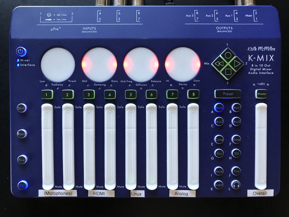 K-Mix in VU mode: note the lit blue VU button in the lower left and that all the meters are displaying zero (showing that all mixer inputs are currently silent)