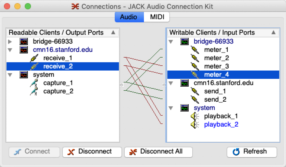 Screenshot of QjackCtl’s Connect window for a jacktrip client sending two mics to server computer cmn16, playing sound received back from the server on the local audio hardware, and also using meterbridge to monitor the two local mic signals and the two signals being sent from the jacktrip server.
