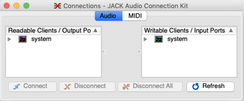 Screenshot of QjackCtl’s Connect window with JACK running but no audio connections made. We can’t see how many input or output channels JACK is using because we haven’t clicked the disclosure triangle next to each system