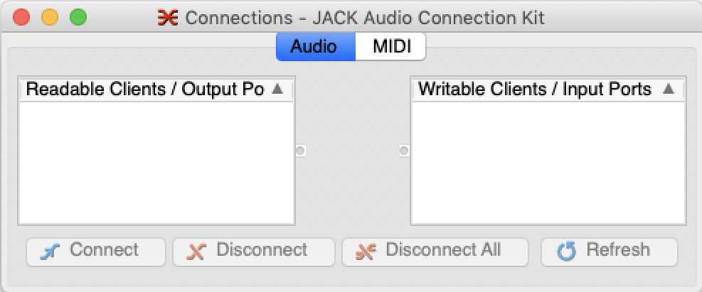 Screenshot of QjackCtl’s Connect window with JACK stopped or not connected to any audio hardware (which you can see because there is no System audio)