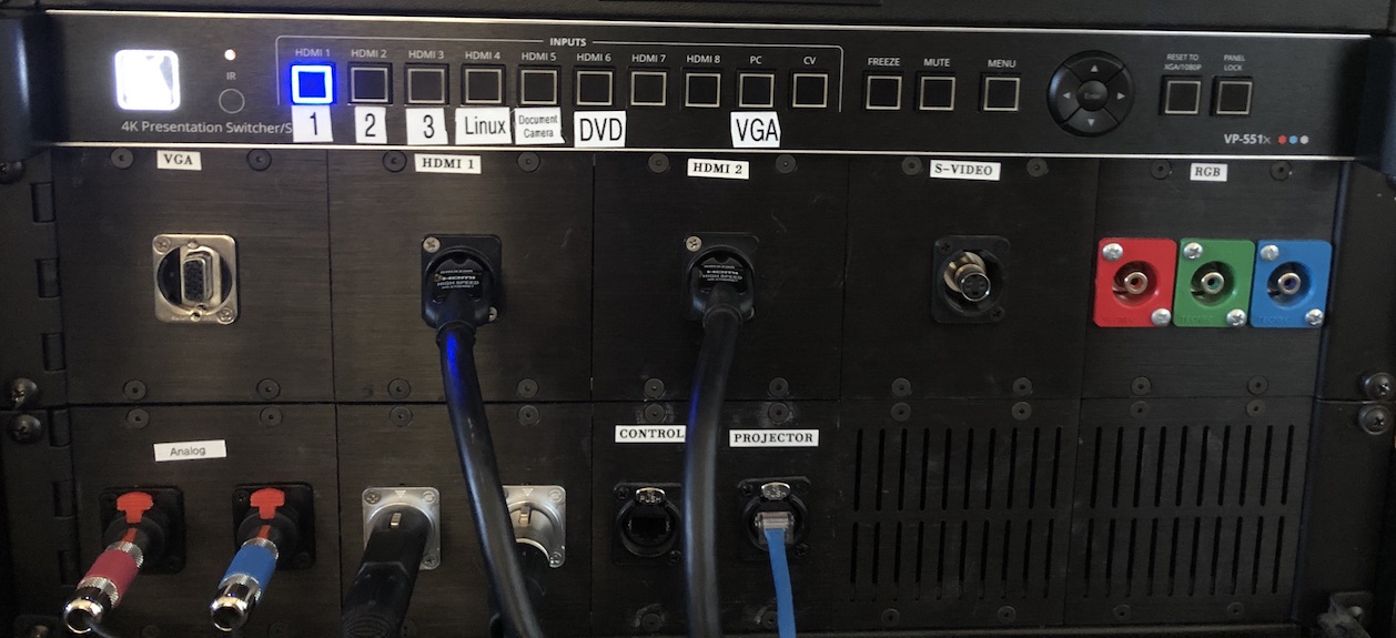 The Seminar Room’s Kramer VP-551x HDMI switcher and some of its input sockets.