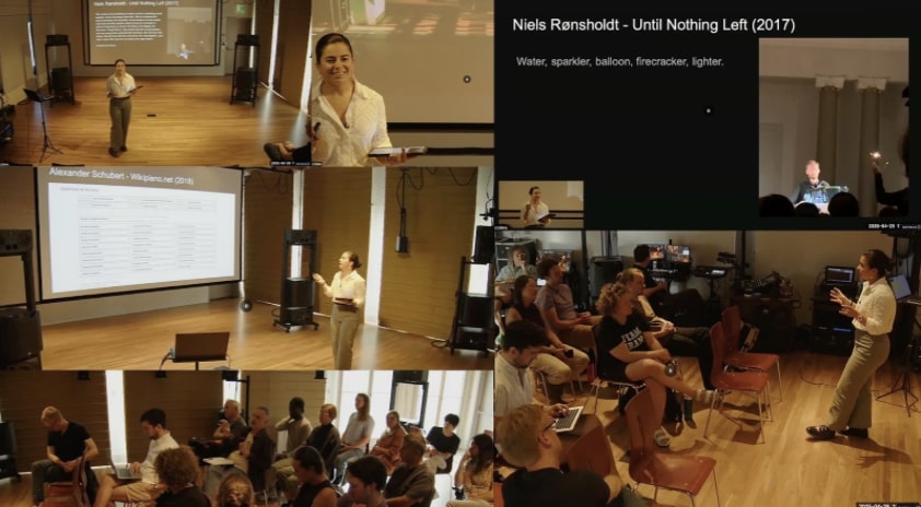 Composite of several cameras’ views of a presentation by Kimia Koochakzadeh-Yazdi
