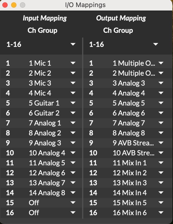Max’s I/O Mappings window when your laptop connects to the Studio E MOTU 1248. Note that Max can “see” the names of the MOTU inputs corresponding to ADC input channels 1-14 as well as the names of the MOTU outputs corresponding to DAC output channels 1-12. Outputs 1-4 appear as “Multiple Outputs” because they are routed both to the corresponding Analog output and also to the headphones.