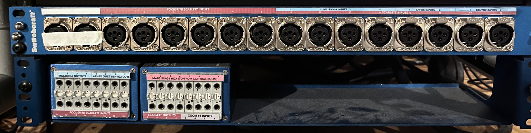 Switchcraft XLR panel and patchbay in Live Room under the desk